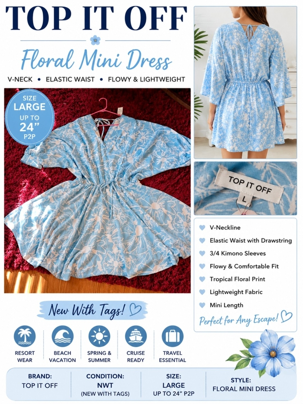 Top It Off Blue Floral Mini Dress - Women's V-Neck Elastic Waist